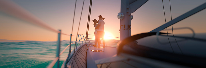 Young couple hugging and kissing at sunset on a modern yacht on calm seas 3d render