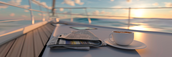 Coffee at breakfast on a large yacht at sunrise while on holiday 3d render