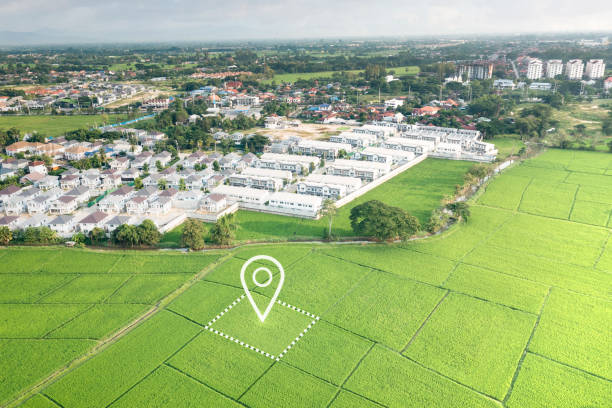 istock Land plot and identify registration symbol in aerial view. 1490629617