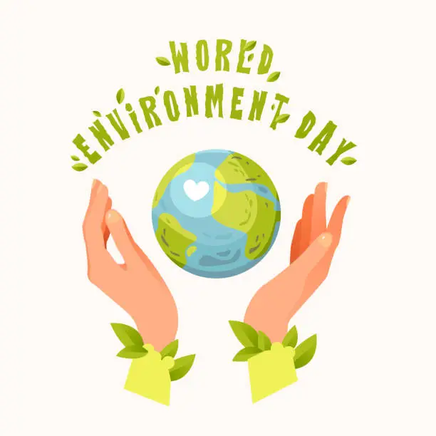 Vector illustration of World Environment Day. Hands hold the planet. Ecology concept. Save the earth. Cartoon vector illustration.