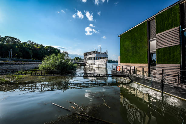 Leaning observation tower on the banks of the Danube River in Ulm
