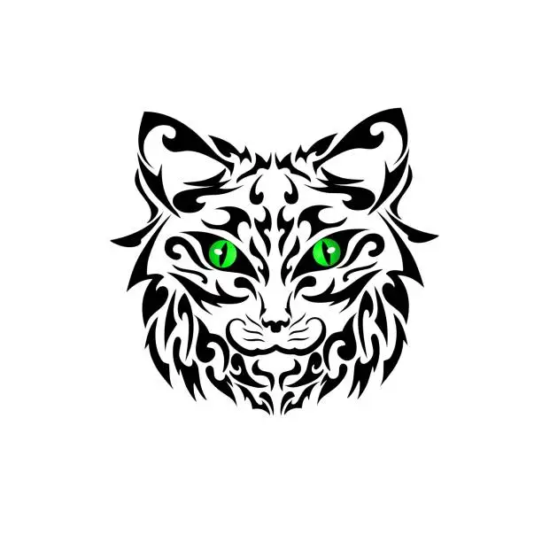 Vector illustration of tribal art face cat with green eyes