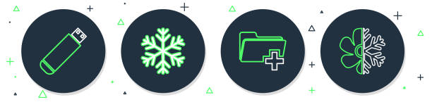 illustrazioni stock, clip art, cartoni animati e icone di tendenza di imposta la linea fiocco di neve, aggiungi nuova cartella, unità flash usb e icona del condizionatore d'aria. vettore - air conditioner flash