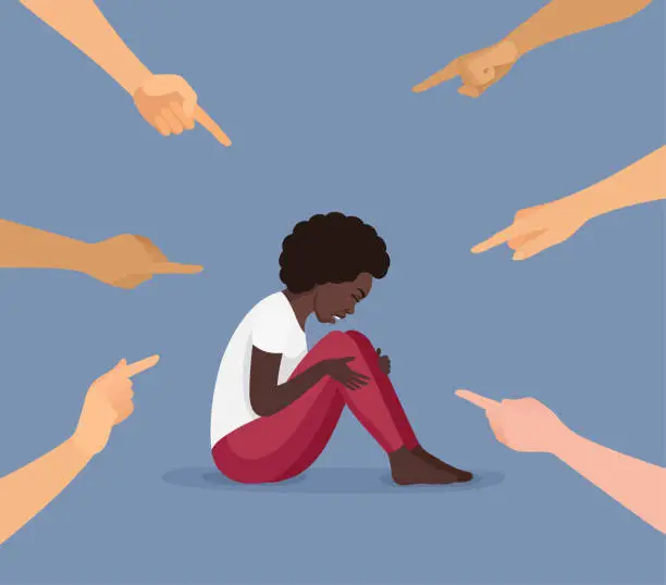 Vector illustration of Concept of accusation. Guilty person. African American woman surrounded by hands with index fingers pointing at her.