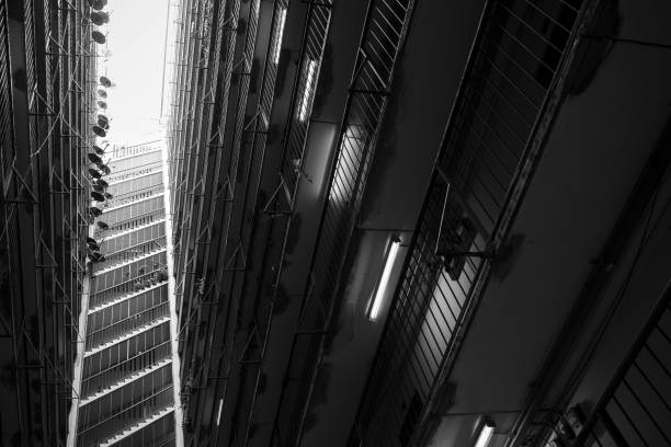 Abstract Geometry Images of Building Facade. Low cost flat architecture. Low angle view. Black and white architecture abstract