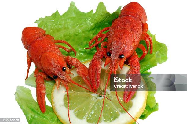 Foto de Crayfishs Cozido Sobre Alface E Limão e mais fotos de stock de Alface - Alface, Amarelo, Amêijoa - Marisco