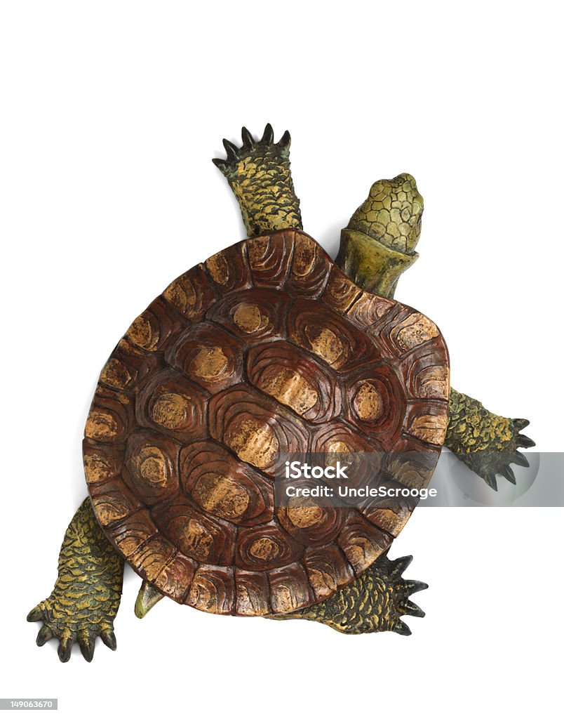 Green and brown tortoise walking across picture Wooden toy of turtle isolated on white Turtle Stock Photo