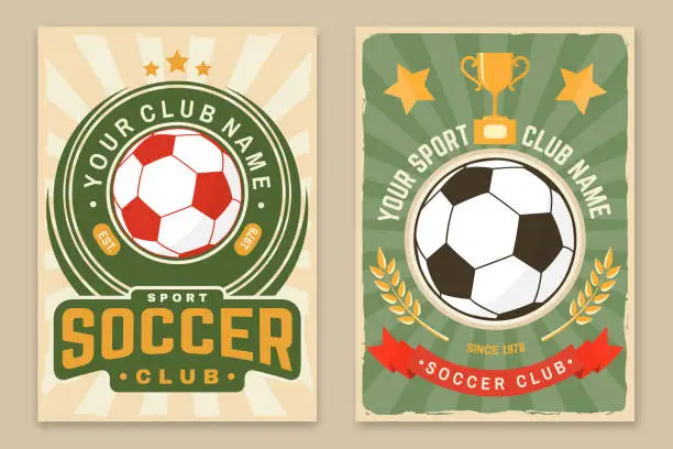 Vector illustration of Set of soccer, football club retro poster, banner design. Vector illustration. For football club sport design with soccer and football player silhouettes.