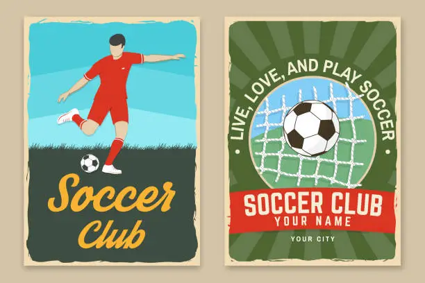 Vector illustration of Set of soccer, football club retro poster, banner design. Vector illustration. For football club sport design with soccer and football player silhouettes.