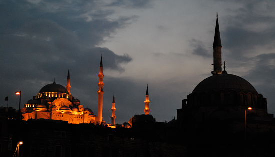 Mosques by night in Istanbul, evening with cloudy sky