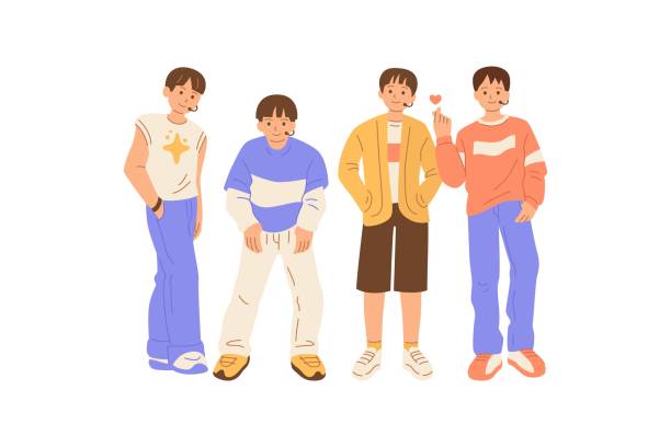 K-pop music boys group in South Korean. K-pop music boys group in South Korean. Korean celebrity singers cartoon. k pop stock illustrations