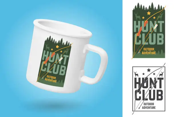Vector illustration of White camping cup. Realistic mug mockup template with sample design. Hunting club. Vector illustration. Vintage typography design with frame, hunting bow and arrow silhouette. Outdoor adventure hunt club emblem.