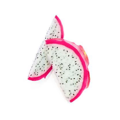 Sliced dragon fruit or pitahaya (pitaya) isolated on white background. Top view. Package design element