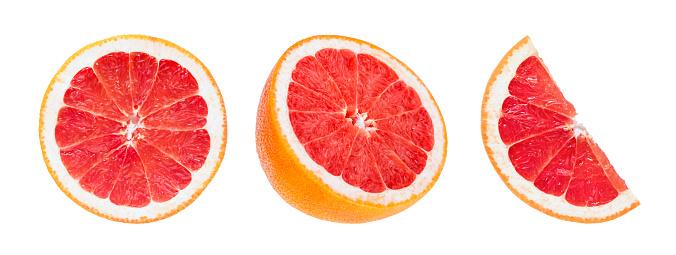 Set of fresh slices grapefruit. Grapefruit isolated. Collection of grapefruit slice, half on white.