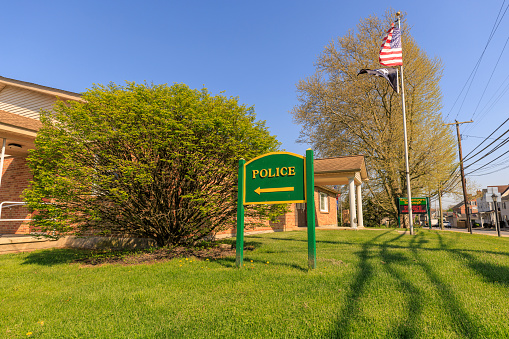Main Street in Stockertown borough, view on Police station municipal building in Northampton County, Pennsylvania. Lehigh Valley, Poconos USA