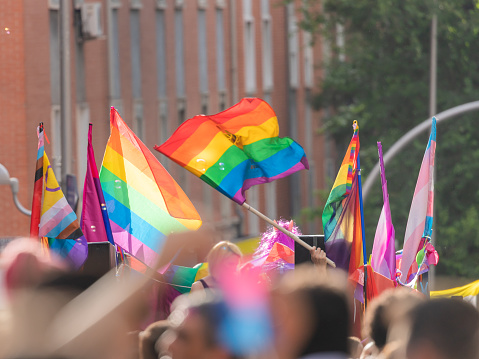 Pride day 2023. People at the pride parade with LGBTIQ flags celebrating the LGBTIQ rights