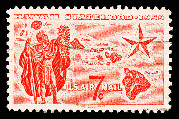 Hawaii 1959 A 1959 issued 7 cent United States Airmail postage stamp showing Hawaii Statehood. 1959 photos stock pictures, royalty-free photos & images