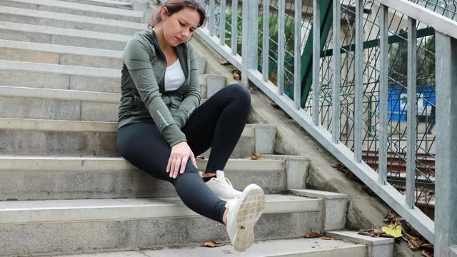 Sportswoman with knee pain sitting on stairs
