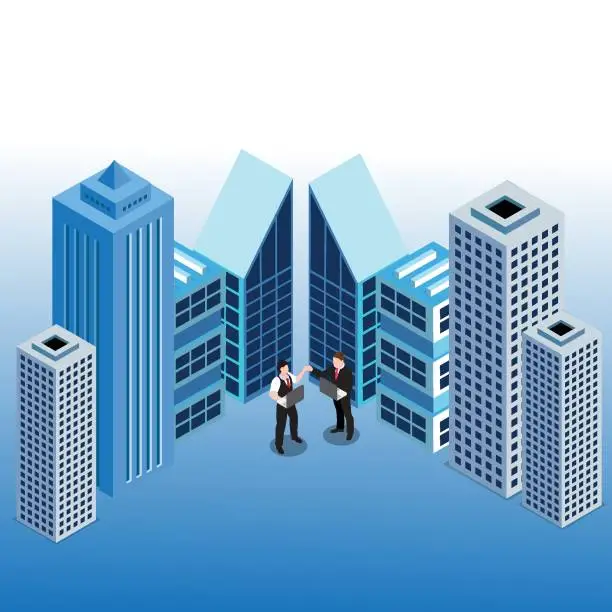 Vector illustration of Two successful  shakehands in front og buildings isometric 3