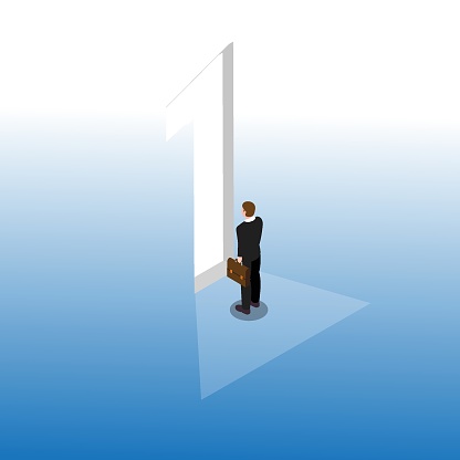 The doorway to success - Businessman in front of number one shaped door isometric 3d vector illustration concept for banner, website, illustration, landing page, flyer, etc