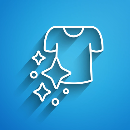 White line Drying clothes icon isolated on blue background. Clean shirt. Wash clothes on a rope with clothespins. Clothing care and tidiness. Long shadow. Vector.