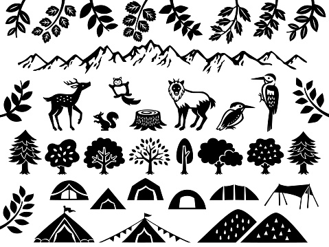 Cutout style silhouette illustration set of forest animals and camping