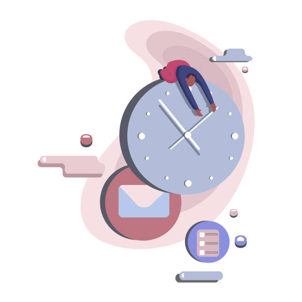 istock Flat style illustration of cartoon tired guy lying on clock 1490650630