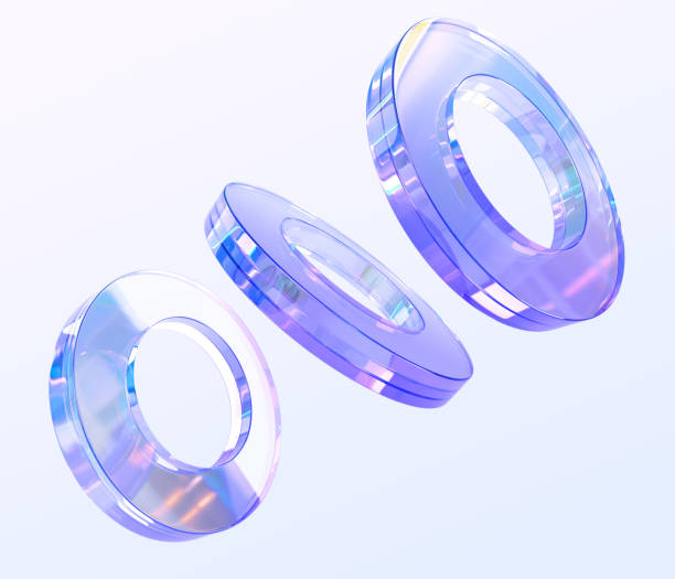 Glass iridescent rings with hologram gradient texture 3d render. Flying abstract geometric shapes, rainbow crystal transparent objects, graphic design elements isolated on background
