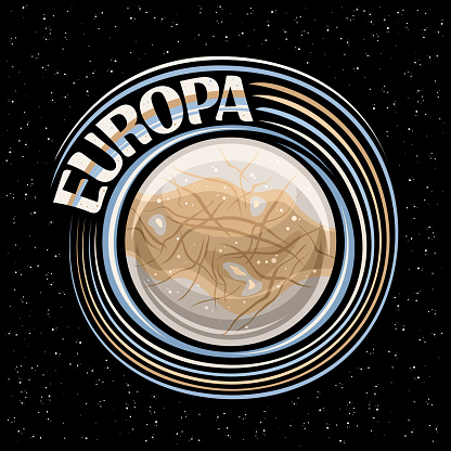 Vector logo for Europa Moon, round fantasy print with rotating satellite europa, stone surface with silicate rock and cracks, cosmo tag with unique lettering for text europa on dark starry background