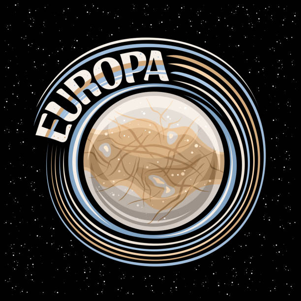 Vector logo for Europa Moon Vector logo for Europa Moon, round fantasy print with rotating satellite europa, stone surface with silicate rock and cracks, cosmo tag with unique lettering for text europa on dark starry background extrasolar planet stock illustrations