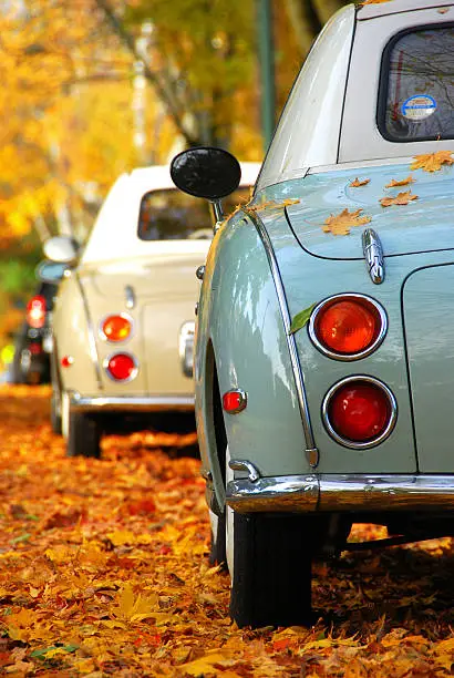 two vintage figaro cars parked at the side of the street with autumn leaves