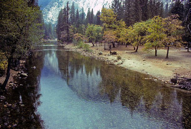 Yosemite mountains reflected in the Merced River A calm surface of the Merced River reflects the mountains of the Yosemite Valley. hearkencreative stock pictures, royalty-free photos & images