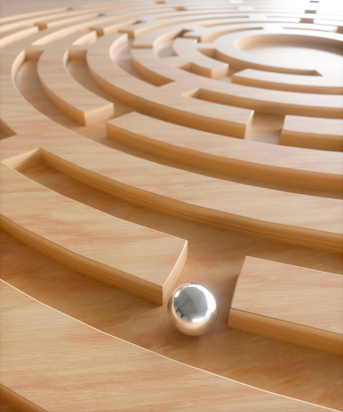 Conceptual ball bearing on a wooden maze puzzle with multiple options 3d render