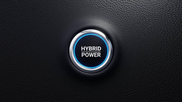 istock Hybrid Power start button, Start Hybrid Power modern car button with glowing blue light, Just push the button concept, 3D illustration 1490658546