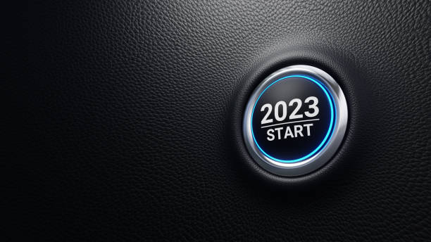istock 2023 Start push button, 2023 Start modern car button with blue shine, Just push the button concept, 3D illustration 1490658565