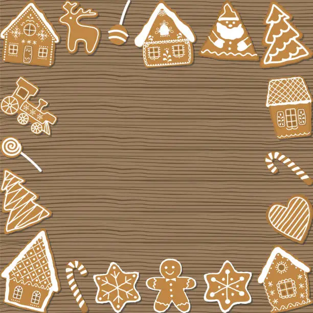 Vector illustration of Christmas cookies on wooden background. Holiday background