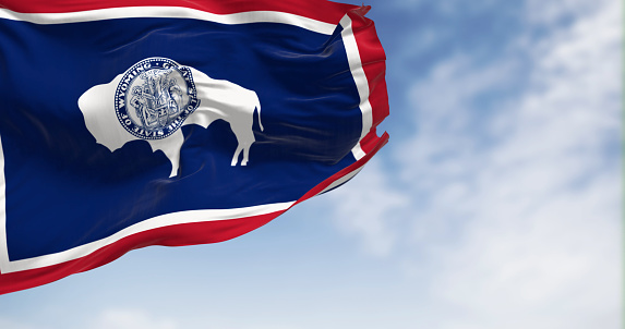 Wyoming state flag waving on a clear day. Bison silhouette. Red for Native Americans and pioneers. White for purity. Blue for sky, fidelity, justice. 3d illustration render. Fluttering fabric.