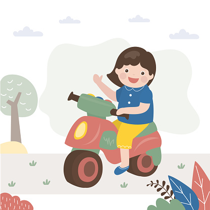 Cute girl drive children bike. Child game, imagination, active kid rides a small bike. Childhood, learning, explore world. Funny driver on toy two-wheeler transport. flat vector illustration