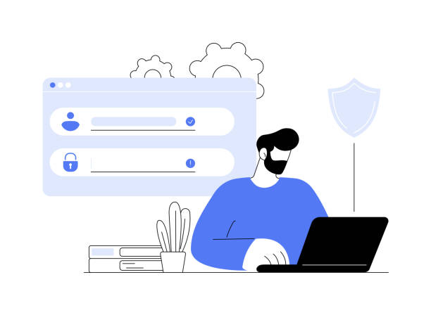 Create new password abstract concept vector illustration. Create new password abstract concept vector illustration. Man with laptop creating password, data protection, IT technology, computing industry, cybersecurity practice abstract metaphor. log on stock illustrations