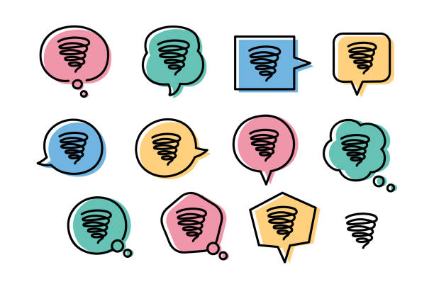 ilustraciones, imágenes clip art, dibujos animados e iconos de stock de conjunto de coloridas burbujas de diálogo dibujadas a mano con letreros en espiral mareados. ilustración vectorial. - niebla
