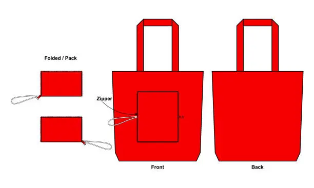 Vector illustration of Red foldable tote bag with zipper template on white background.Front and back view, vector file