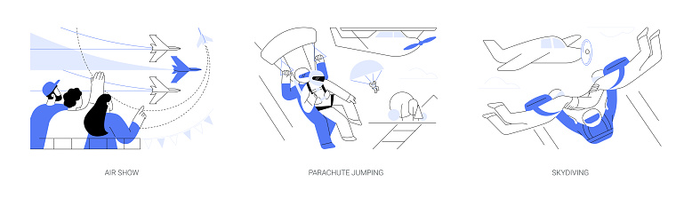 Air sport abstract concept vector illustration set. Air show, parachute jumping with instructor, skydiving extreme activity, aerobatics and paragliding, adventure adrenaline sport abstract metaphor.