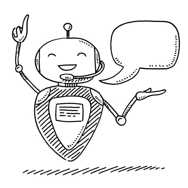 Cute Chat Bot Drawing Hand-drawn vector drawing of a Cute Chat Bot. Black-and-White sketch on a transparent background (.eps-file). Included files are EPS (v10) and Hi-Res JPG. robot clipart stock illustrations