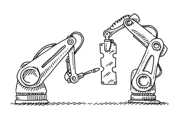Vector illustration of Two Industrial Robots Working Together Drawing