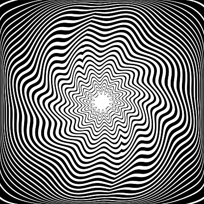 Whirl Twisting Motion Illusion in Abstract Op Art Pattern. 3D Effect. Wavy Lines Texture. Vector Illustration.