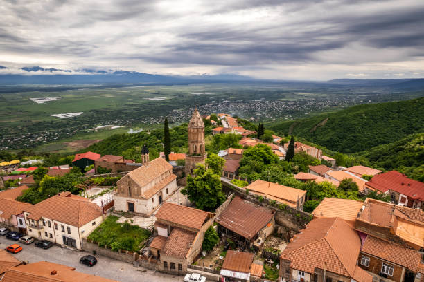 Aerial view of the Georgia landmarks Signagi is a Georgian town in Georgia's easternmost region of Kakheti. Important center of Georgia's tourist industry. Sighnaghi is known as a Love City. kakheti georgia stock pictures, royalty-free photos & images