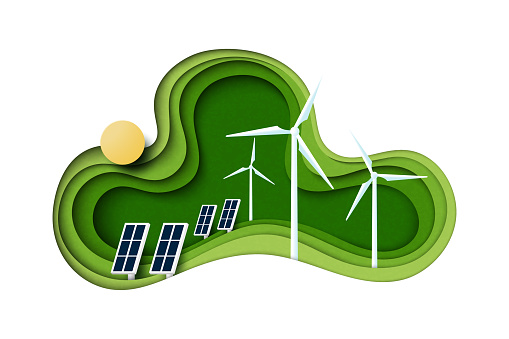 Paper art of a solar and wind turbine. Green energy sources concept. Ecology and Environment issues. Vector illustration.