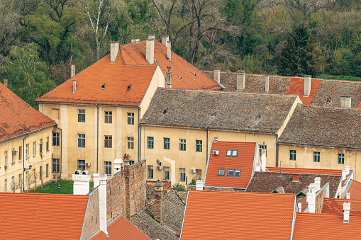 High angle view of typical austro-hungarian architecture style buildings in old town of Petrovardin in Serbia