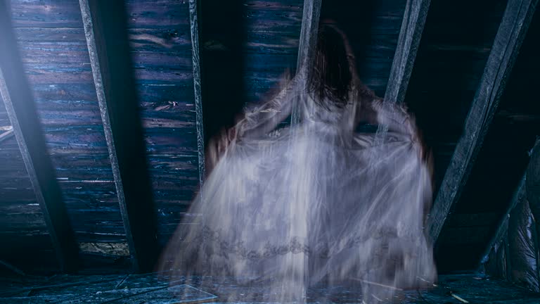 Female Ghost at Night in Creepy Attic