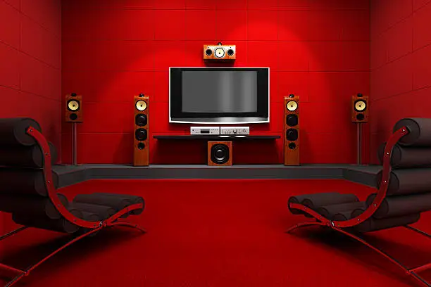 A contemporary home theater room. Furnished with modern furniture and electronics. Digitally created and high resolution rendered.